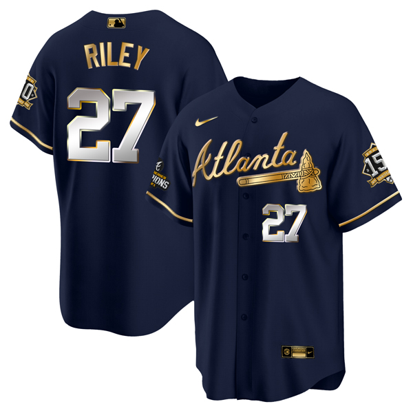 Men's Atlanta Braves #27 Austin Riley 2021 Navy/Gold World Series Champions With 150th Anniversary Patch Cool Base Stitched Jersey